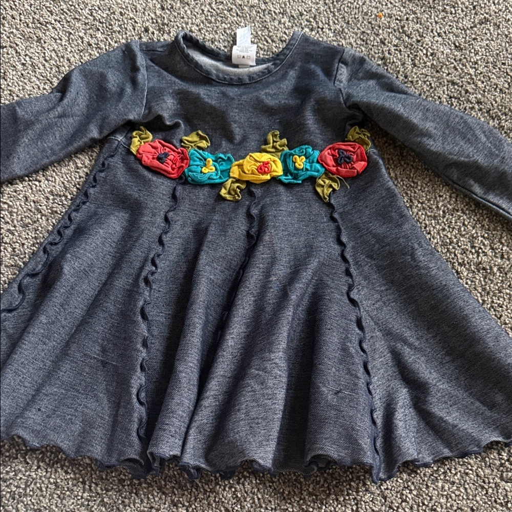 Girls' Navy Floral Applique Long-Sleeve Dress